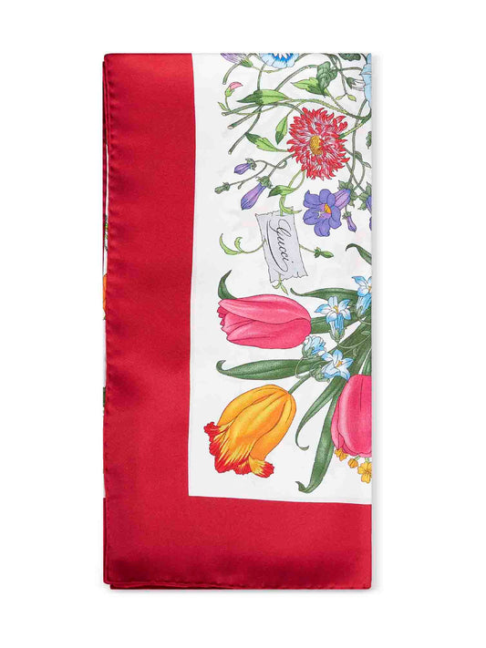 Carré in twill di seta stampato bianco sporco e rosso