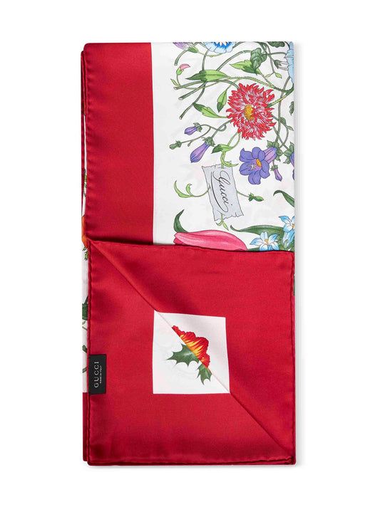 Carré in twill di seta stampato bianco sporco e rosso