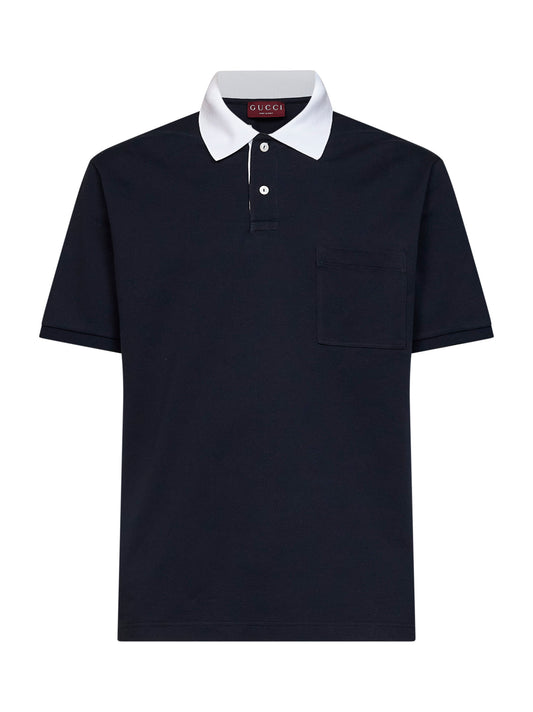 Blue stretch cotton pique polo shirt