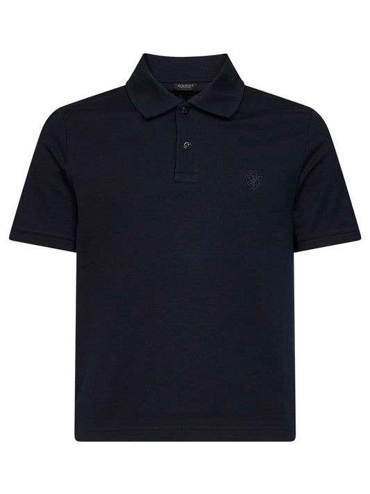Blue cotton pique embroidered polo shirt