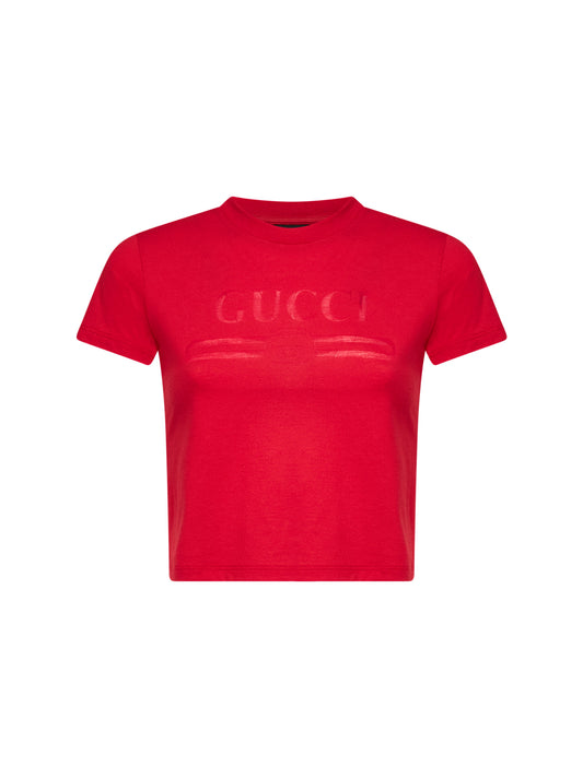 Red jersey cropped T-shirt with devoré detail