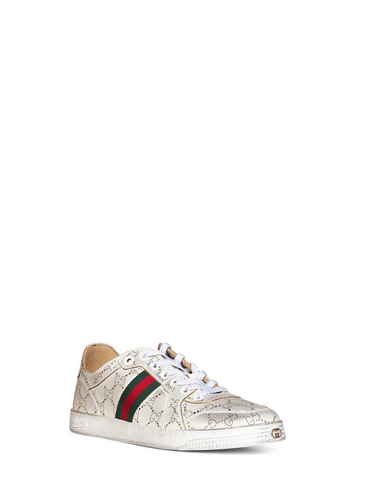 Sneakers basse Stretch in pelle GG laserata bianca
