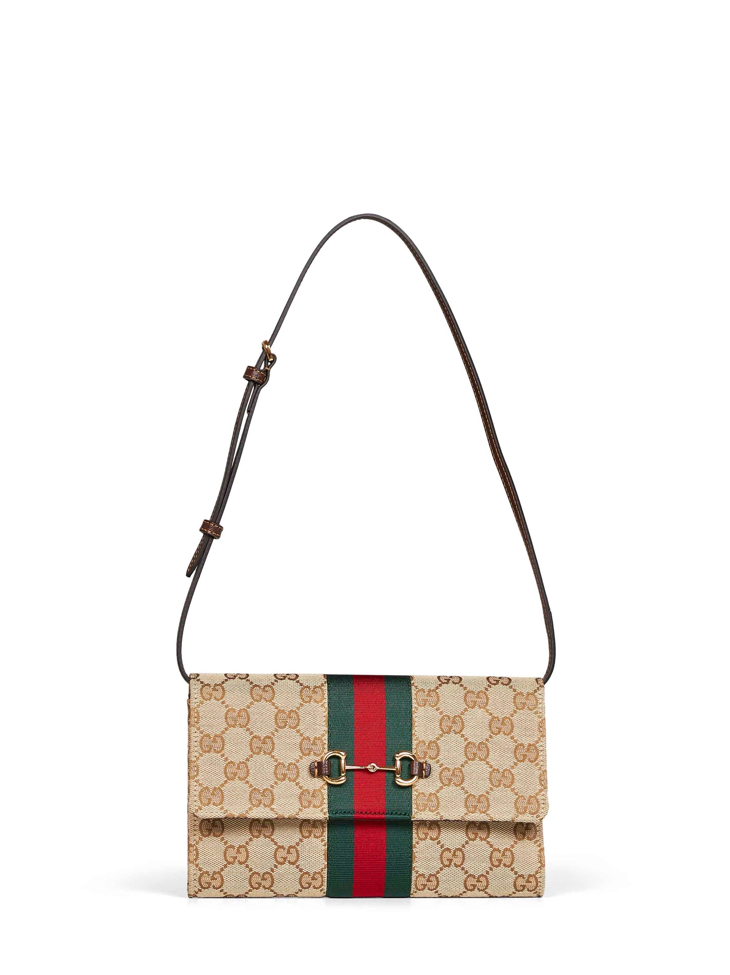 Beige and dark brown Gucci Horsebit Web wallet with strap