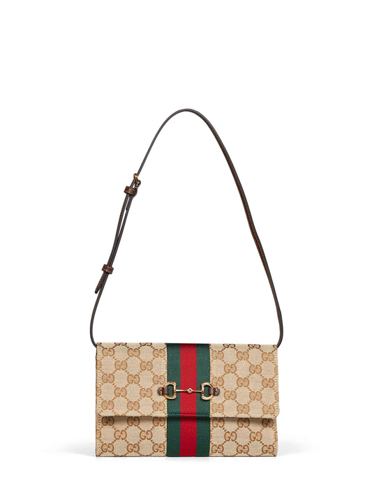 Beige and dark brown Gucci Horsebit Web wallet with strap