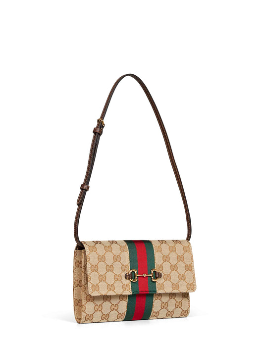 Beige and dark brown Gucci Horsebit Web wallet with strap
