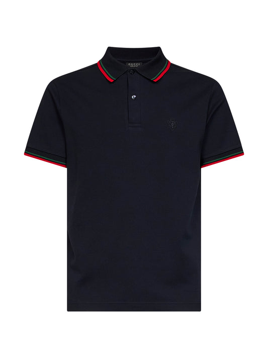 Blue stretch cotton piqué embroidered polo shirt