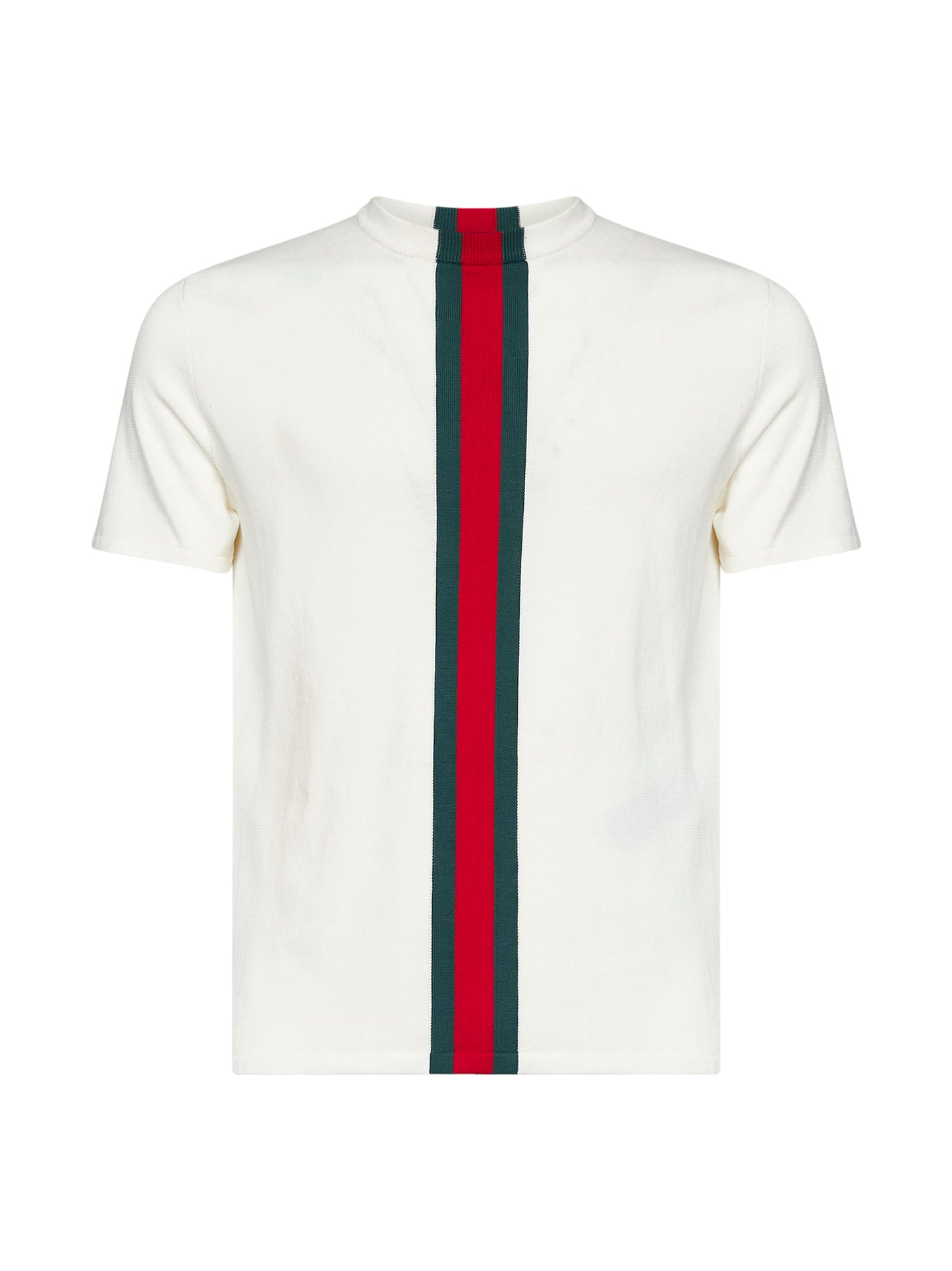 T-shirt in maglia di cotone bianco latte con intarsio Web