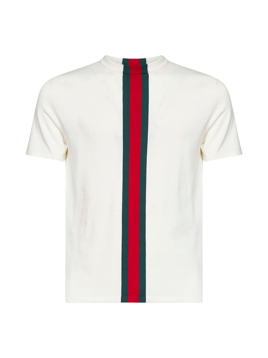 Milky white cotton knit T-shirt with Web intarsia