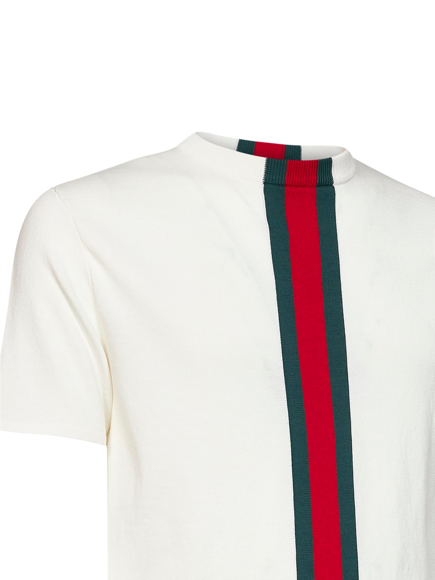 T-shirt in maglia di cotone bianco latte con intarsio Web