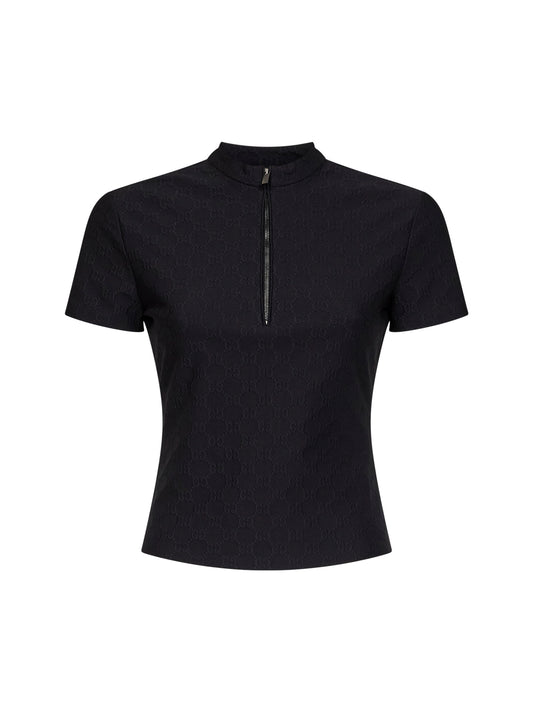 T-shirt mezza zip in jersey jacquard GG nero