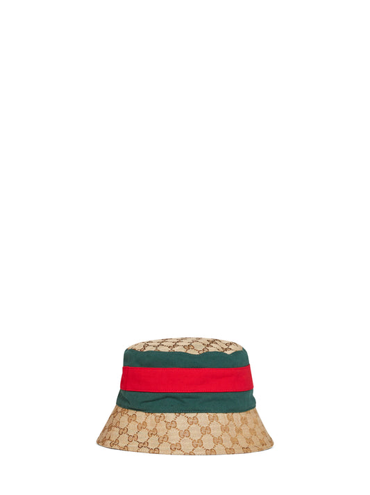 Beige and dark brown GG canvas bucket hat with Web ribbon