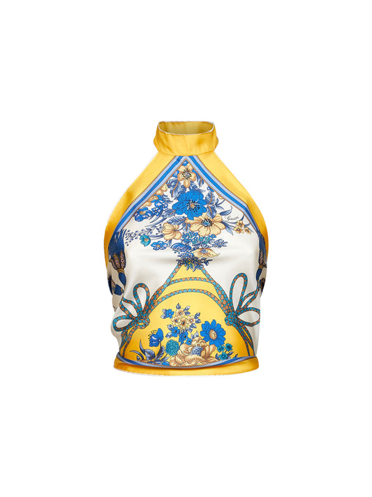 Multicolor printed silk twill scarf top