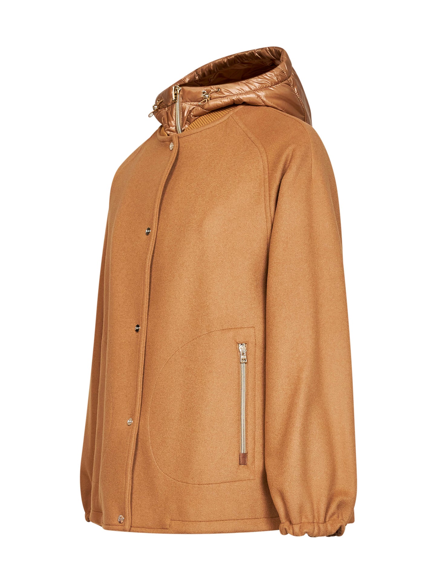Beige wool coat with removable padded hood<BR/>