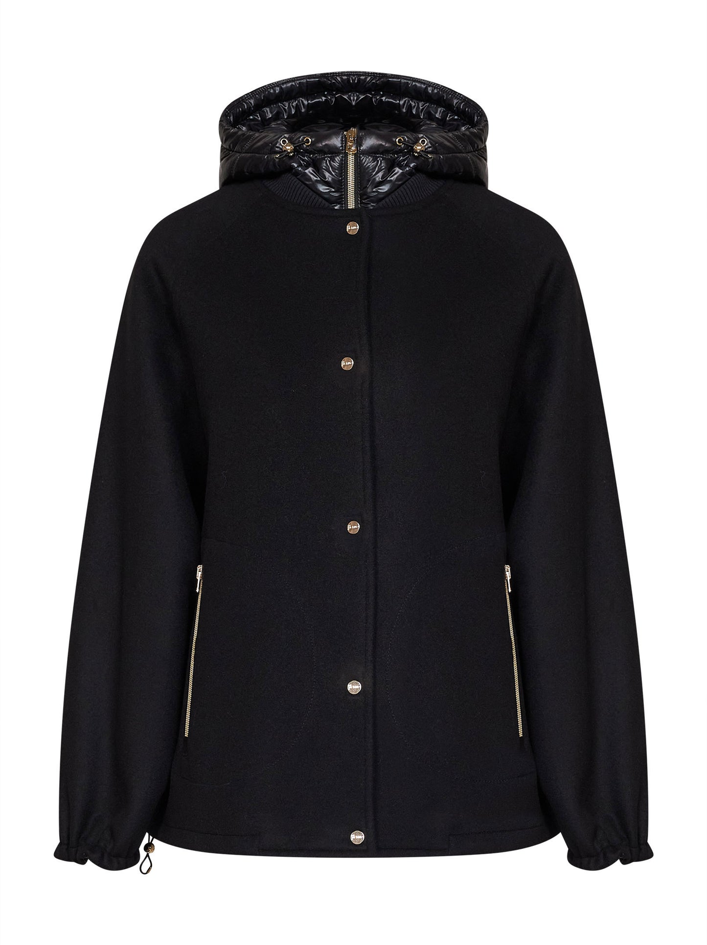 Giacca in misto lana nera con cappuccio in nylon