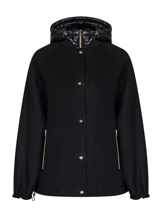 Giacca in misto lana nera con cappuccio in nylon