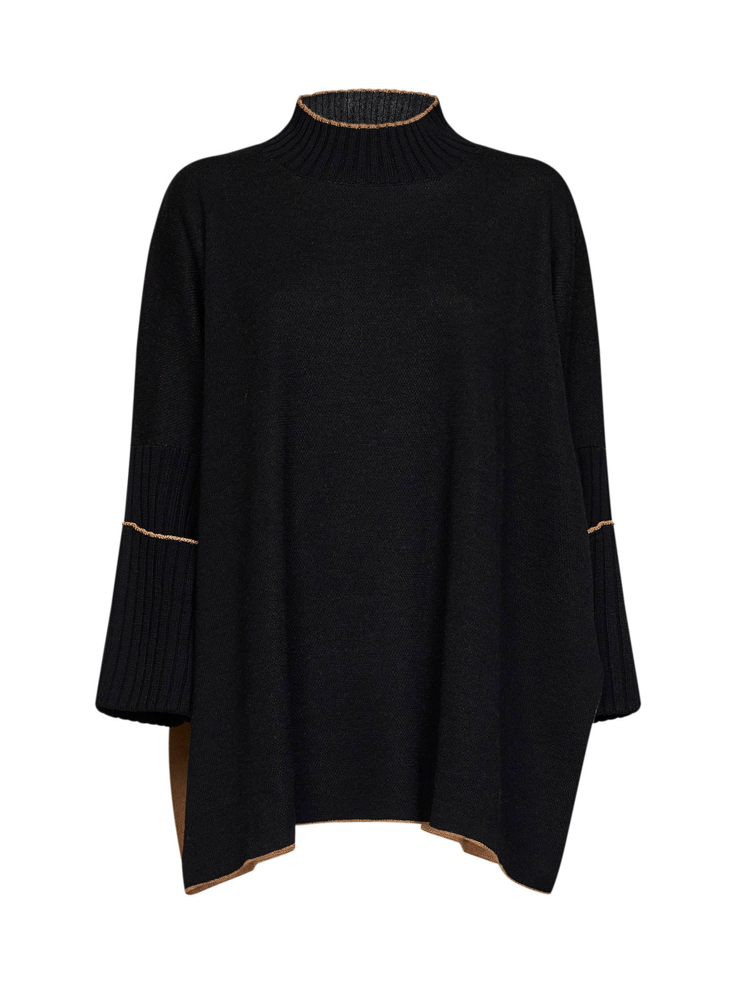 Black virgin wool knit poncho-style sweater