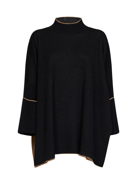 Black virgin wool knit poncho-style sweater