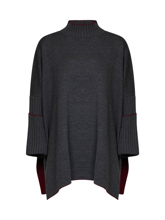 Grey virgin wool knit poncho-style top