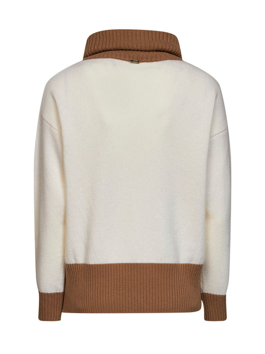 Dolcevita in lana color block bianco latte<BR/>
