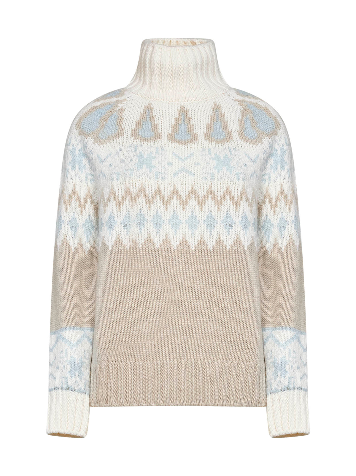 Milky white wool and cashmere blend sweater with Norwegian jacquard pattern.