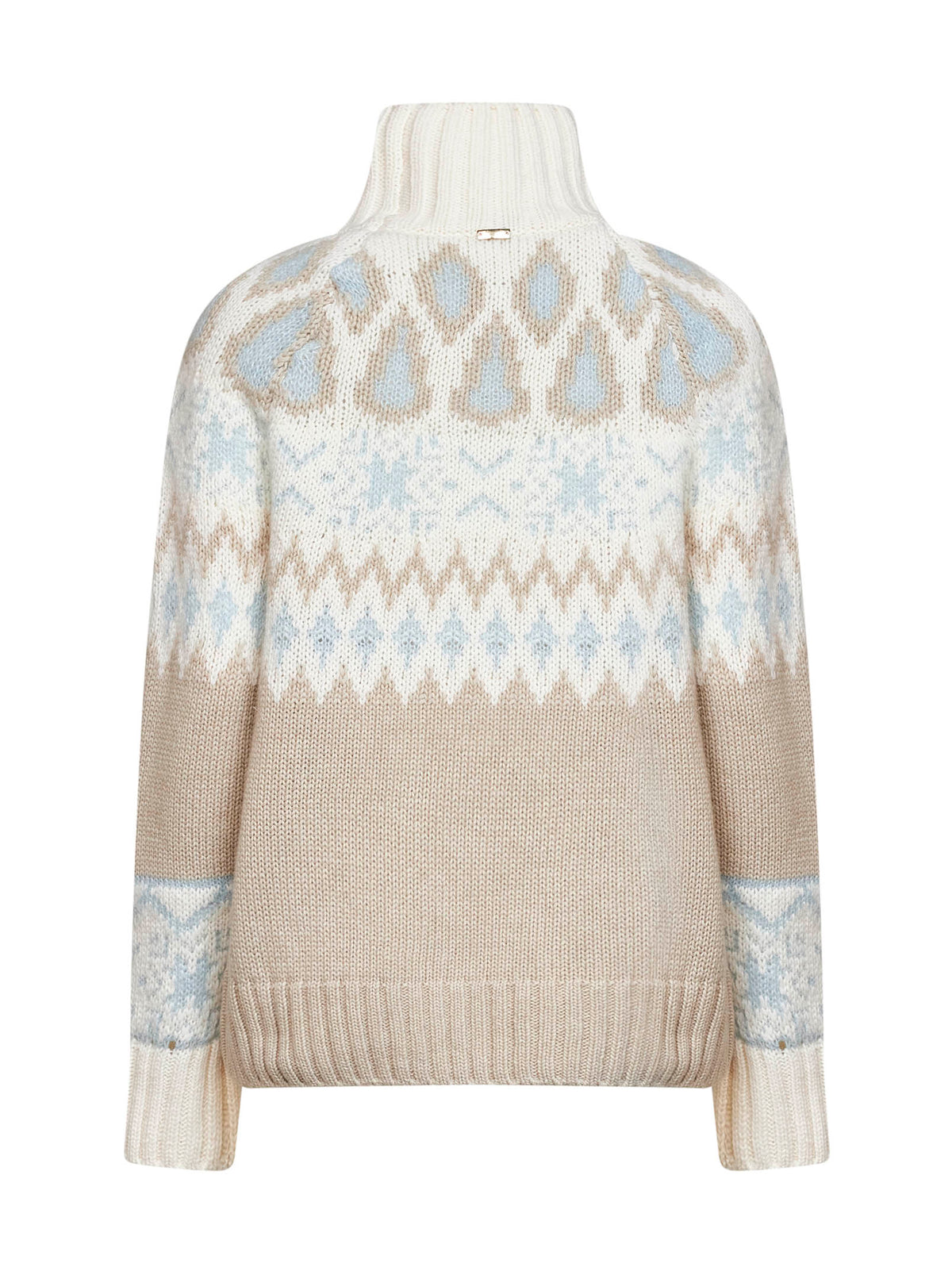 Milky white wool and cashmere blend sweater with Norwegian jacquard pattern.