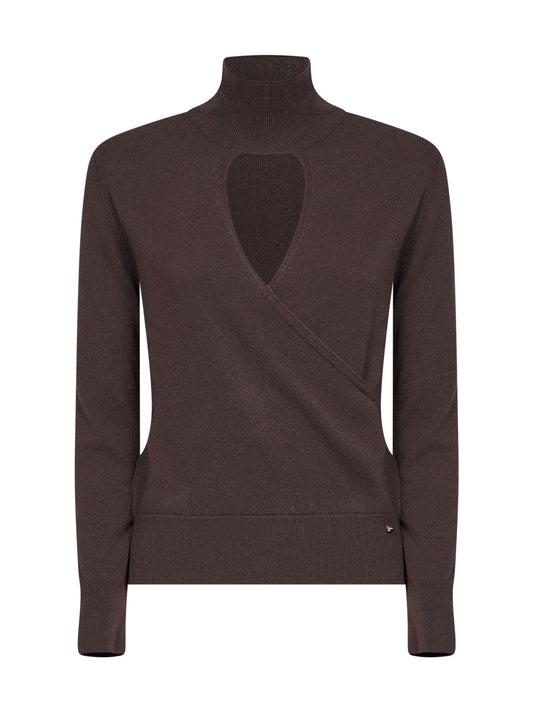 Dark chocolate carded wool Resort sweater with cut-out