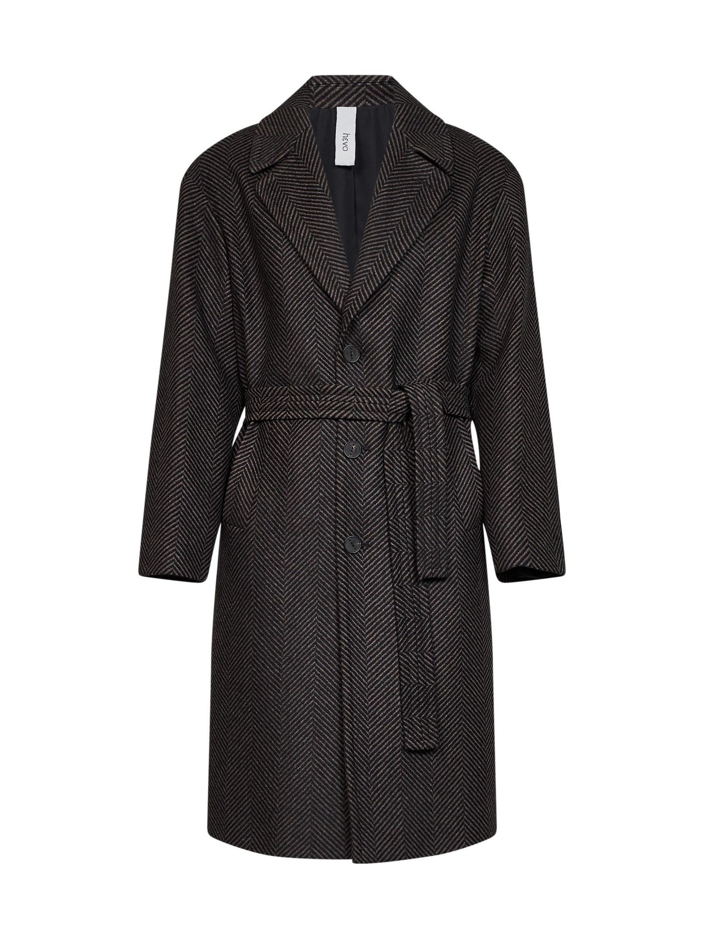 Cappotto monopetto con cintura Ostuni in misto lana spigata nero e tortora