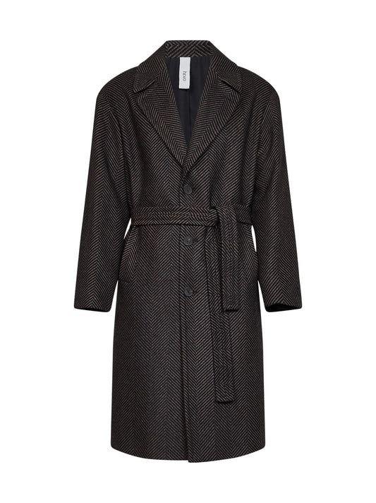 Black and taupe herringbone wool-blend Ostuni single-breasted belted coat