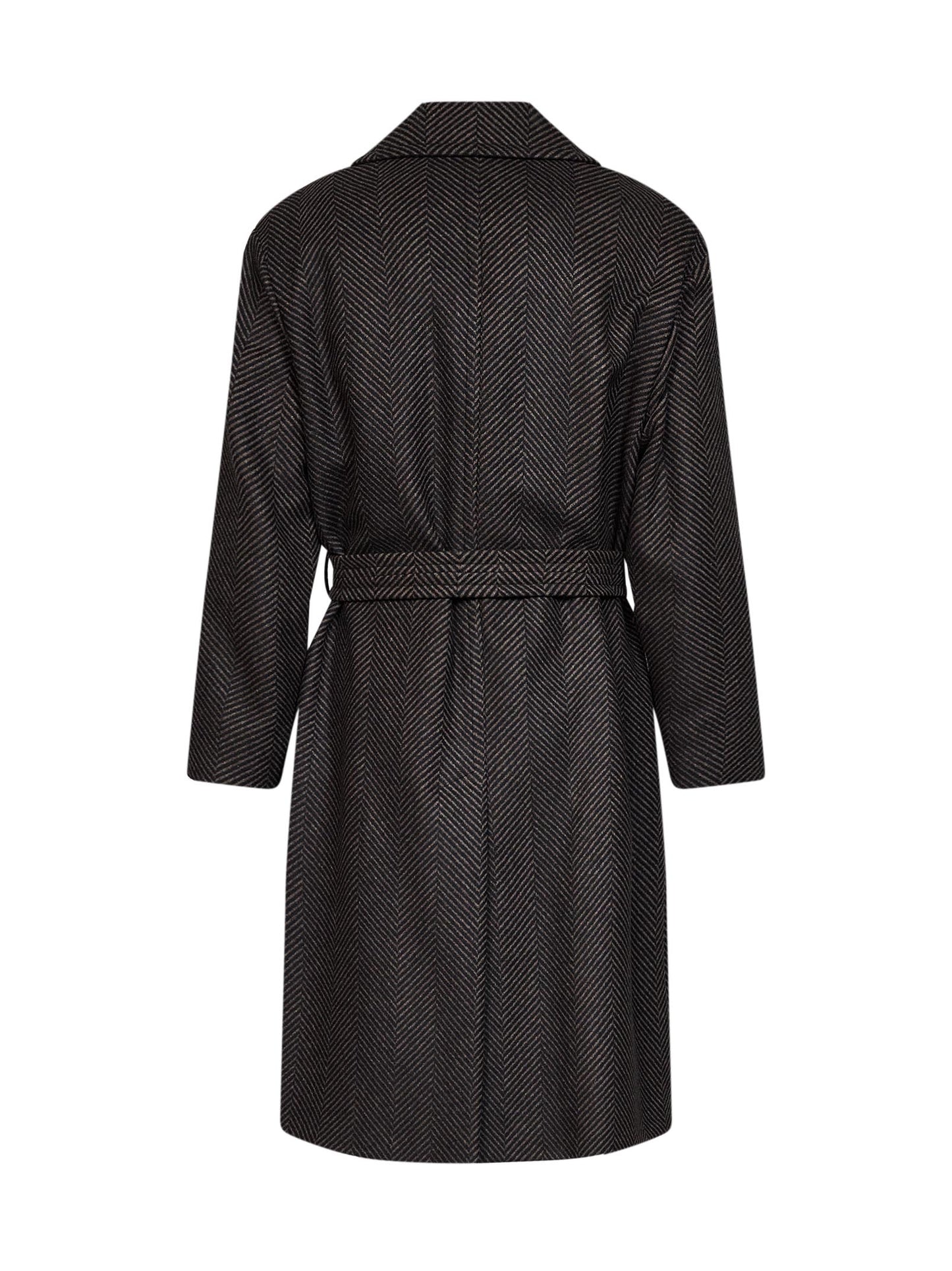 Cappotto monopetto con cintura Ostuni in misto lana spigata nero e tortora