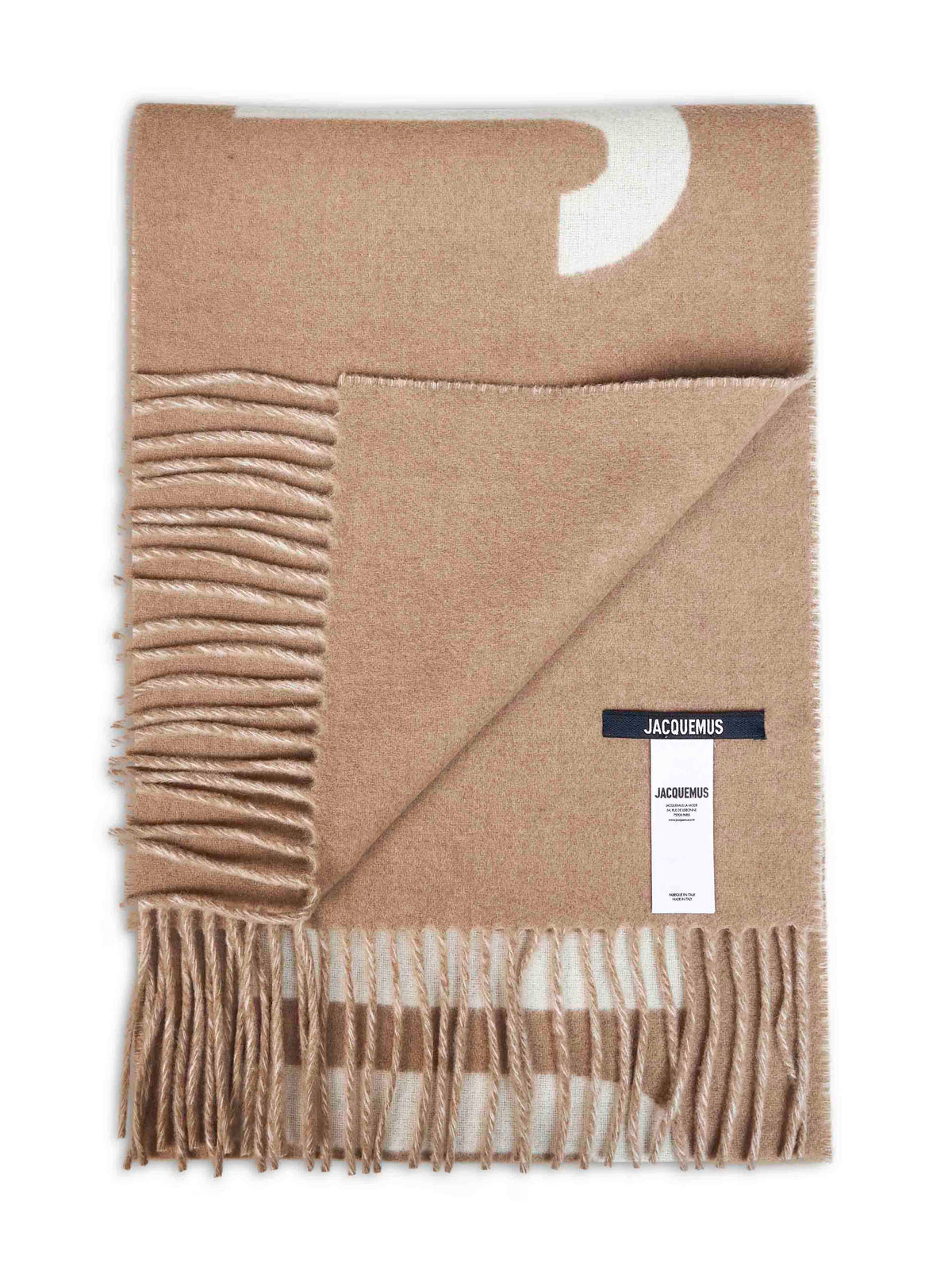Sciarpa con logo e frange Jacquemus in lana tortora