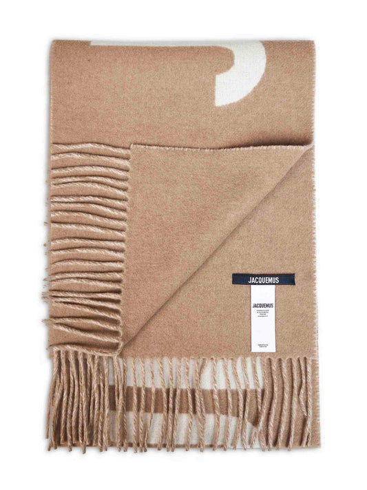 Taupe wool The Jacquemus fringe logo scarf