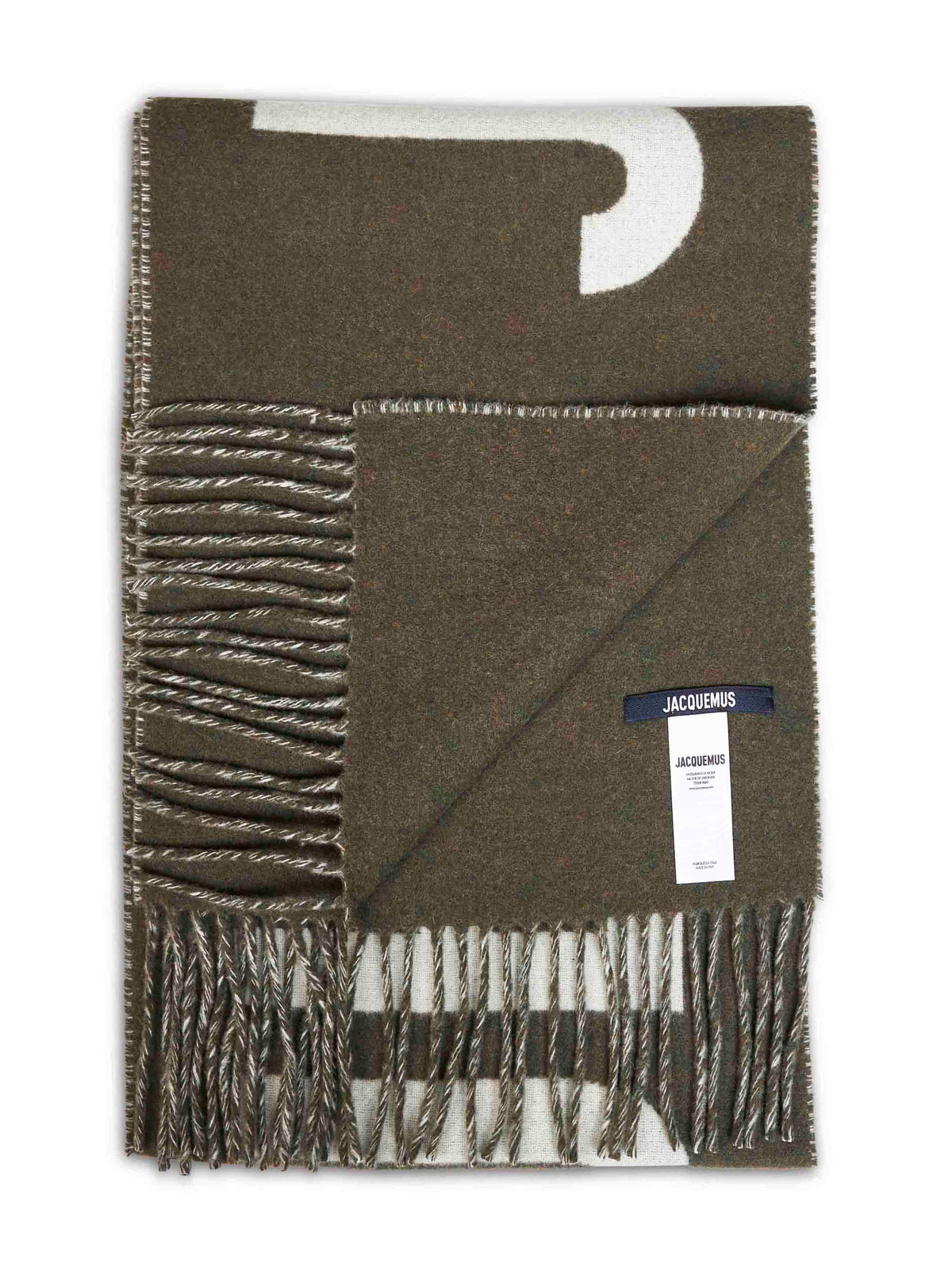 Khaki wool The Jacquemus fringe logo scarf