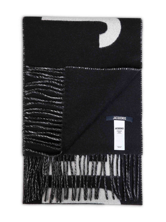 Black wool The Jacquemus fringe logo scarf