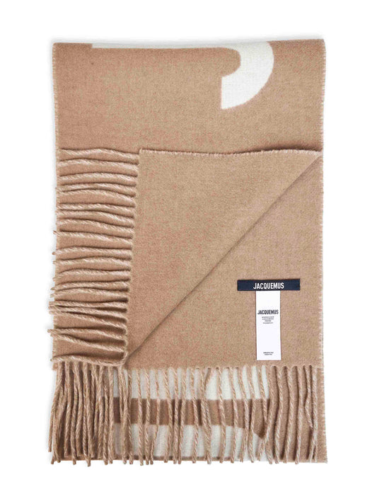 Sciarpa con logo e frange Jacquemus in lana tortora