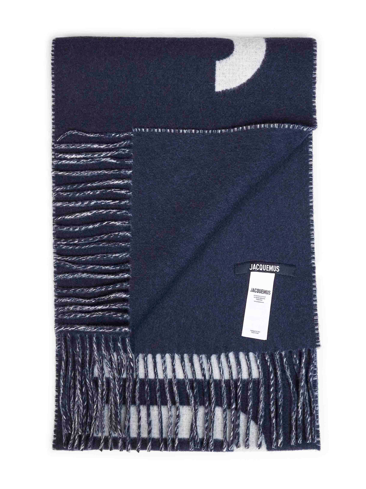 Sciarpa con logo e frange Jacquemus in lana blu navy
