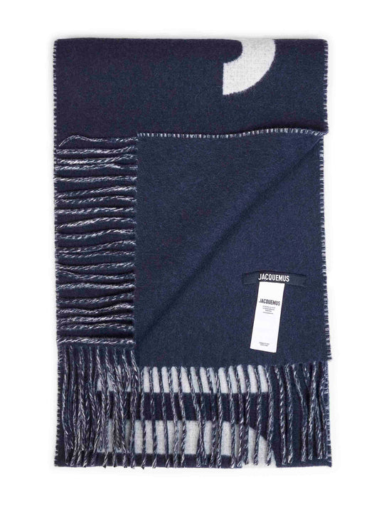 Sciarpa con logo e frange Jacquemus in lana blu navy