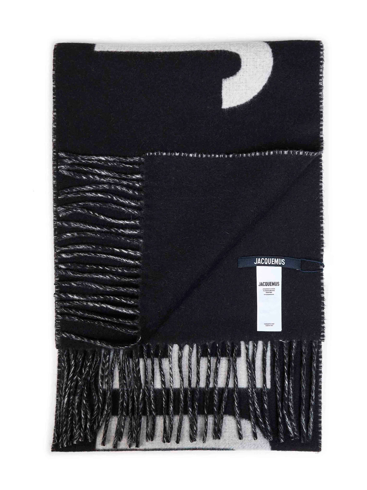 Black wool The Jacquemus fringe logo scarf
