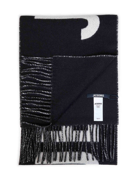 Black wool The Jacquemus fringe logo scarf