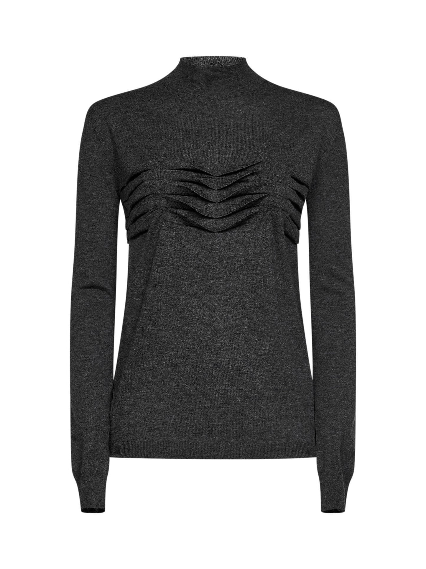 Anthracite wool and cashmere knit sweater with pleats detail