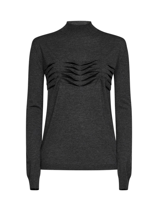 Anthracite wool and cashmere knit sweater with pleats detail
