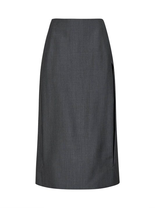 Fog grey wool canvas midi skirt with slits