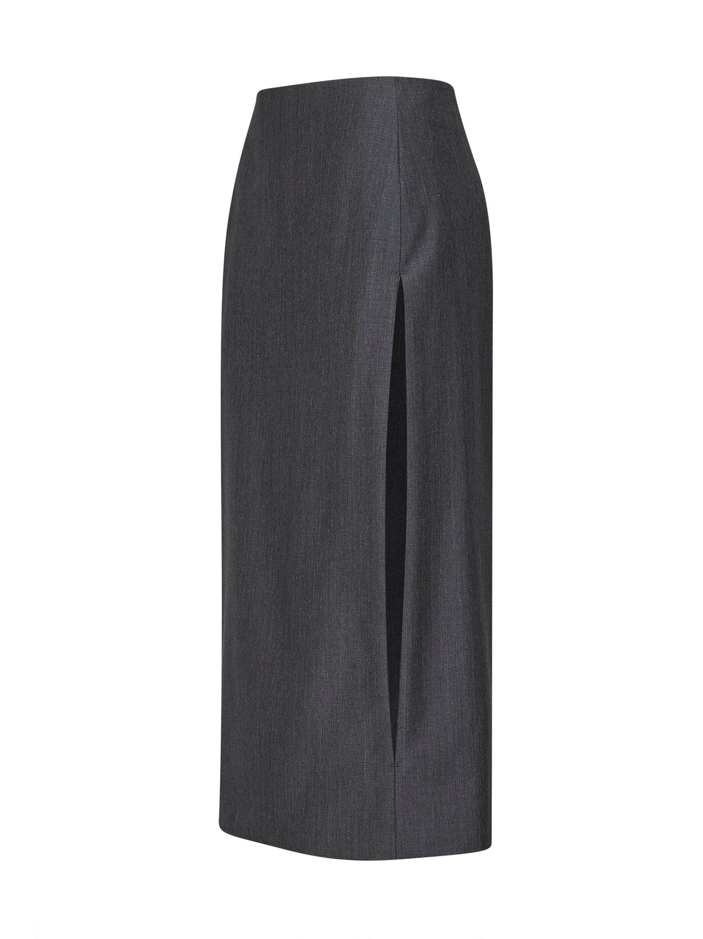 Fog grey wool canvas midi skirt with slits