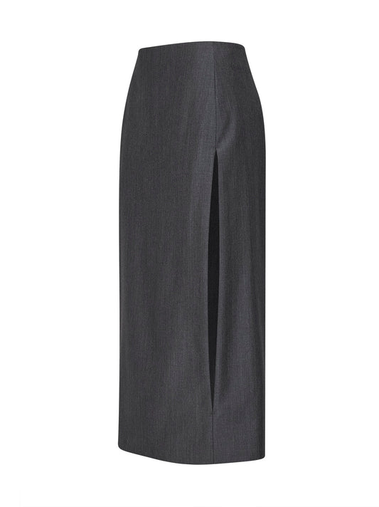 Fog grey wool canvas midi skirt with slits