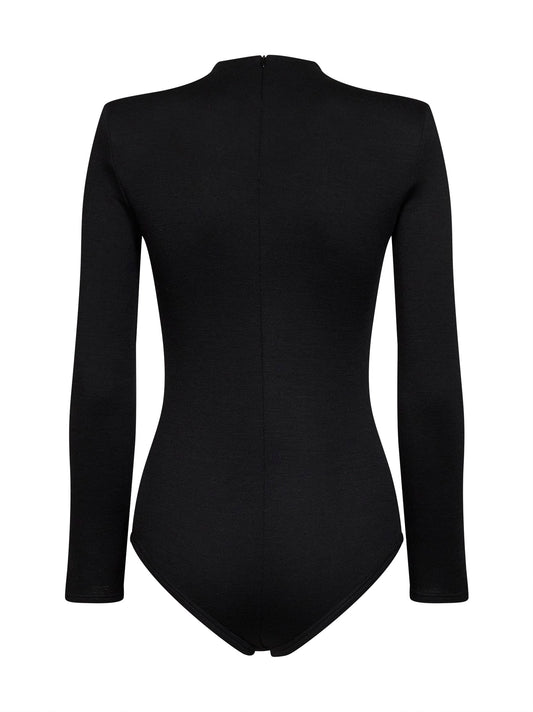 Body aderente in maglia compatta di lana nera