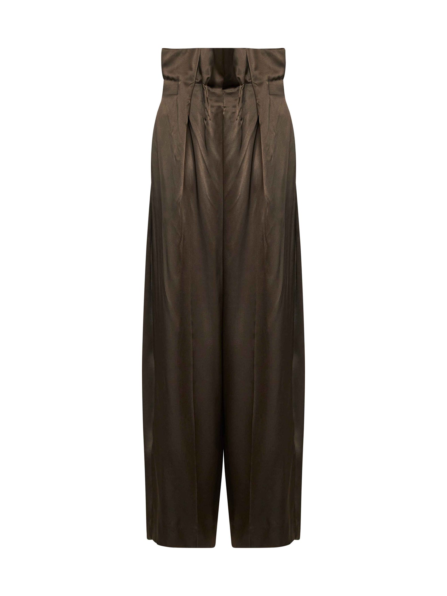 Pantaloni con vita a pieghe Kira in raso oliva scuro