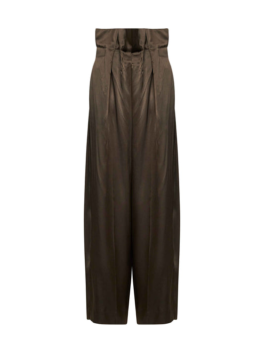 Dark olive satin Kira pleated waist trousers