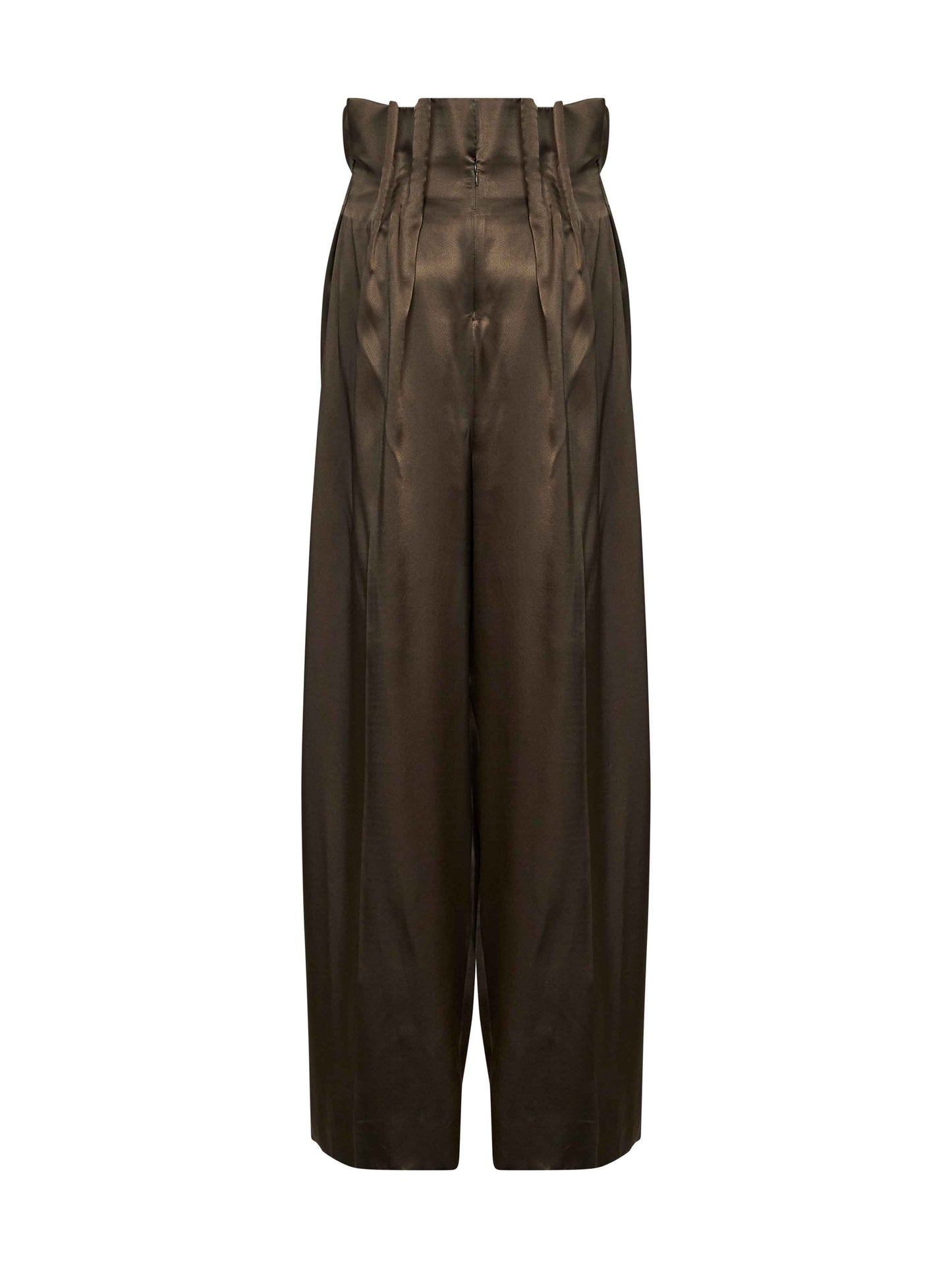 Pantaloni con vita a pieghe Kira in raso oliva scuro