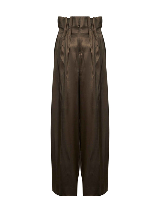 Dark olive satin Kira pleated waist trousers