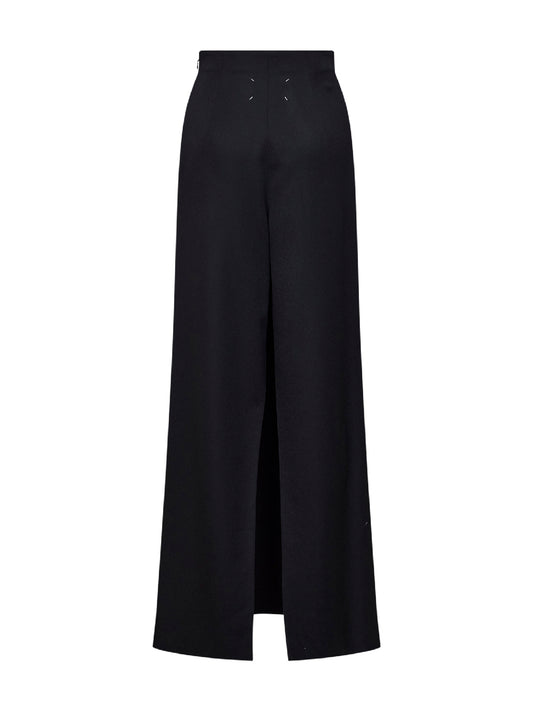 Black virgin wool pants-like straight maxi skirt