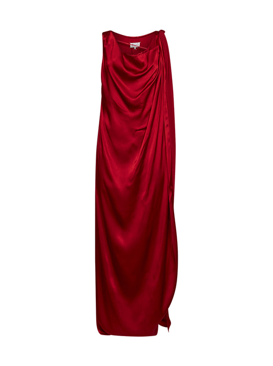 Abito maxi drappeggiato in raso rosso scuro
